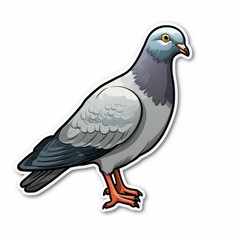 Fototapeta premium A gray pigeon displays distinct plumage colors, standing confidently with its gaze forward. Its environment features hints of greenery under bright sunlight, suggesting a lively atmosphere