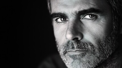 Contemplative Man in Black and White Portrait with Intense Expression