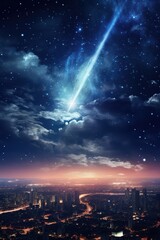 A stunning comet illuminates the night sky as it streaks through clouds above a sprawling city. The twilight casts a warm glow, enhancing the beauty of the scene