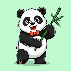 Obraz premium Playful panda holding a bamboo stick on a green background