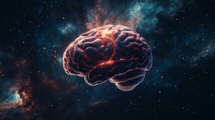 A surreal image of a human brain merging with a nebula, set against a dark, starry background