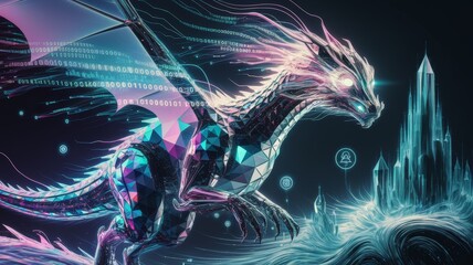 Digital dragon made of neon polygons with a futuristic backdrop