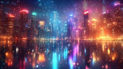 Fototapeta premium Vibrant cityscape at night, reflected in calm water, with colorful lights and sparkling particles.