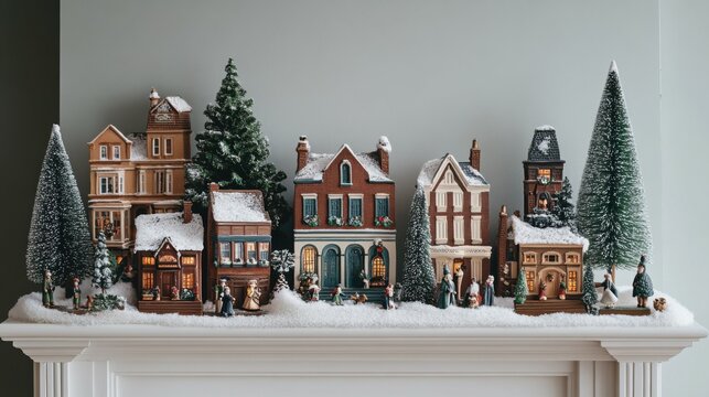 Medium shot of a Christmas village set up on a mantelpiece, with various buildings, trees, and people figurines, creating a cozy holiday scene.