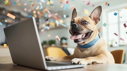 Excited French Bulldog with blue collar using laptop surrounded by colorful confetti in a bright indoor setting, symbolizing celebration or digital interaction.