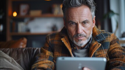 The image depicts a middle-aged man intently gazing at a tablet in his hand with a blurred background that Suggests a Cozy living room or coffee shop setting.