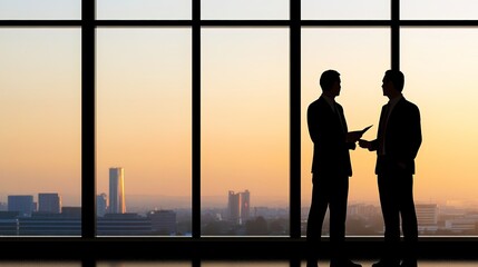 Fototapeta premium Business Partners Discussing Plans in a Modern Office with Cityscape View at Sunset, Silhouetted Against Warm Horizon Colors, Creating a Professional Atmosphere