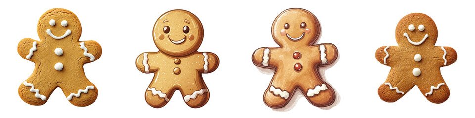Obraz premium Cartoon-style gingerbread cookies, isolated on white background. Collection Set PNG.