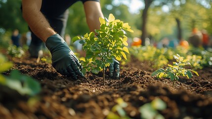 A bright and clear image, 8k high definition group of volunteers planting trees in a park to celebrate Earth Day 2024 