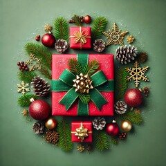 Christmas Eve concept: Top view of red gift boxes with green ribbons, gold star ornaments, baubles, and snowy pine branches on a green background