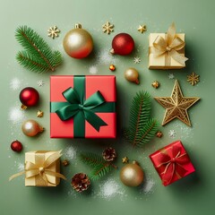 Christmas Eve concept: Top view of red gift boxes with green ribbons, gold star ornaments, baubles, and snowy pine branches on a green background