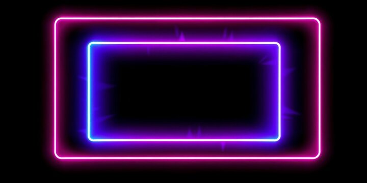 Neon motion graphic overlay on square rectangle picture frame, black background, blue and pink lights, 3d rendering, blue, copy space