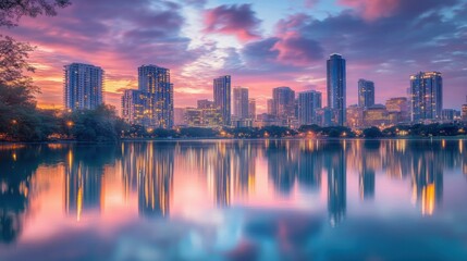 Obraz premium Modern city skyline reflecting on still waters