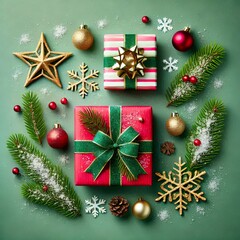 Christmas Eve concept: Top view of red gift boxes with green ribbons, gold star ornaments, baubles, and snowy pine branches on a green background