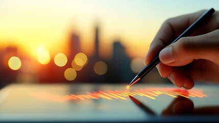 Hand Holding Pen Over Digital Tablet Displaying Financial Data with City Skyline and Sunset Background, Symbolizing Technology and Finance Integration