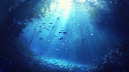 Fototapeta premium school of fish swimming in deep ocean, light filtering through surface, moody and atmospheric, realistic underwater details