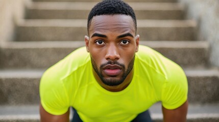 Fototapeta premium Determined and Focused African American Athlete Pushing Through a Rigorous Workout Climbing Urban Stairs with Intense Energy and Motivation