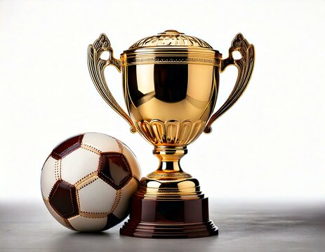 A shiny golden trophy next to a classic soccer ball on a clean background.