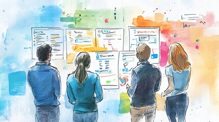 A Watercolor Depiction of a Business Meeting: Team Collaboration, Project Planning, and Strategic Analysis in the Modern Office