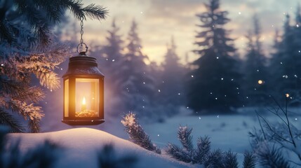 Peaceful snowy landscape with a lantern and pine branches
