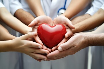 Caring Family Hands Embracing a Red Heart: A Symbol of Health, Compassion, and Community Support for Wellness and Charity Initiatives