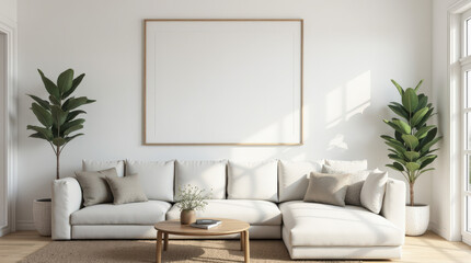 Naklejka premium Modern Living Room Decor with Blank Art Mockup Frame for Interior Design Inspiration - Bright and Vibrant Home Space