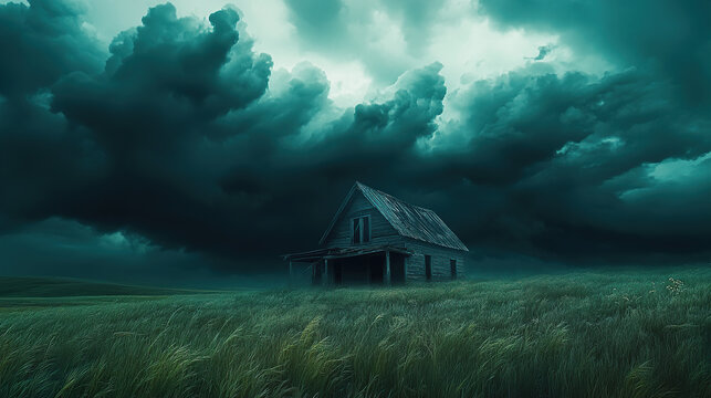 A small house in the middle of an open field, surrounded by tall grass under dark storm clouds.