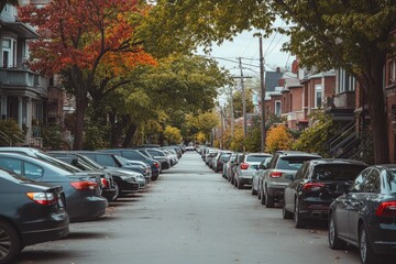 Obraz premium Rows of Parked Cars Line the Residential Street in an Urban City Setting