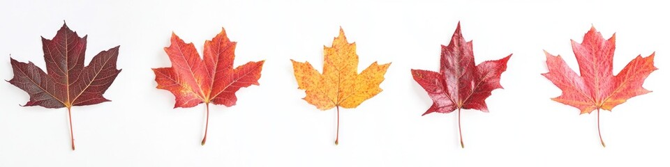 Autumn Collection of Vibrant Maple Leaves in Red, Yellow, and Orange, Isolated on White Background