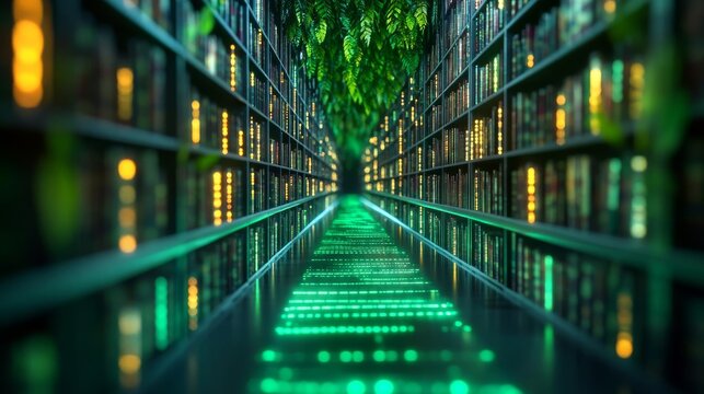 Bookshelves forming glowing pathways through a digital rainforest library, rainforest library, eco-tech innovation
