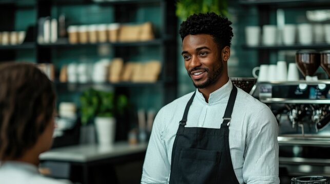 Friendly Barista Greeting and Interacting with Customer at Coffee Shop Counter While Preparing Beverage