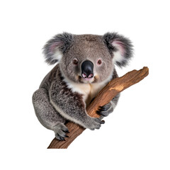 Adorable Koala Bear on a Branch, Isolated on White Background