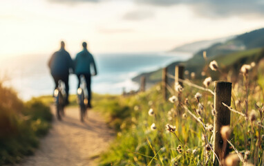 Couple biking along coastal path, enjoying scenic view and fresh air. blurred background adds dreamy quality to moment