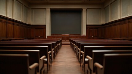 Fototapeta premium law restriction legislation concept. A spacious courtroom featuring dark wooden benches, a large blank screen at the front, and a sense of anticipation in the empty space.