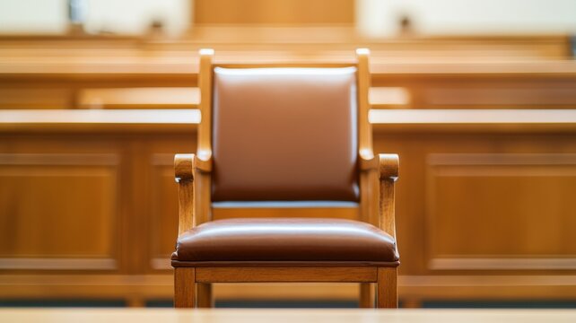 law restriction legislation concept. A solitary wooden chair in a courtroom, symbolizing justice and authority, with a warm brown leather seat.