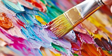 Fototapeta premium Close-up person hand holding paintbrush applying colorful A painter dips their