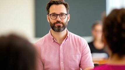 Obraz premium Middle aged Bearded Man in Glasses and Pink Shirt Standing in Front of a Group of People Acting as a Professional Instructor Leading an Interactive and Engaging Workshop or Seminar Session