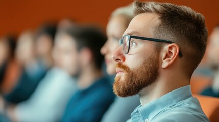 Group of people sitting and listening attentively during a QA session with a presenter at a professional corporate event seminar or conference