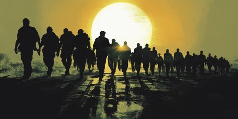 Fototapeta premium Group people walking line sun setting background are Civil Rights (Silhouette Marching):