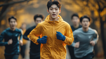 Fototapeta premium cinematic shot of young man in yellow windbreaker and blue gloves running with group