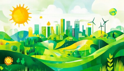 Illustration green landscape variety elements background light blue Sustainable Development Goals: Addressing