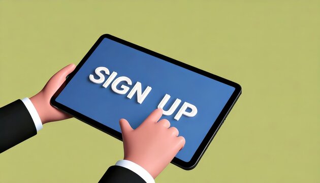 A person using a tablet to click on a "SIGN UP" button, indicating an online registration action.