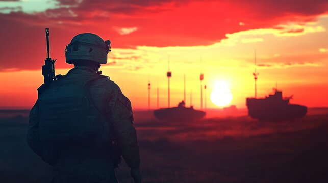 Soldier standing field sunset is wearing helmet carrying Electronic Warfare: Tactics