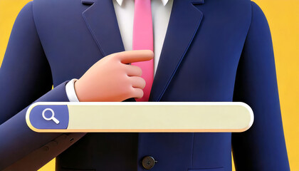 A digital illustration of a suited figure adjusting their tie, with a search bar overlay, symbolizing professionalism and online inquiry.