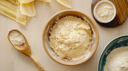 Tamale masa dough mixture in wooden bowl with corn husks and flour on white table for preparation