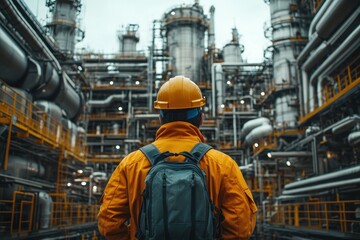 Fototapeta premium Industrial Worker Observing Complex Machinery at a Modern Refinery Plant with Steel Structures and Piping Systems