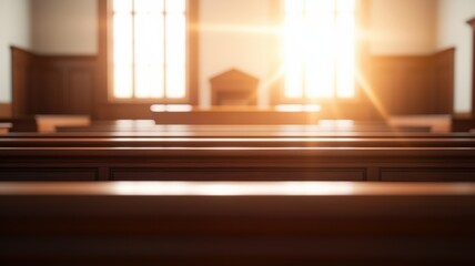 Fototapeta premium law restriction legislation concept. A serene interior of a church with wooden pews illuminated by sunlight streaming through windows.
