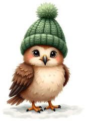 Obraz premium Cute hawk wearing green knitted hat with pom pom on top isolated on white background