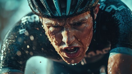 Intense Close-Up of Cyclist Pedaling Hard During Road Race Under Sweaty Conditions