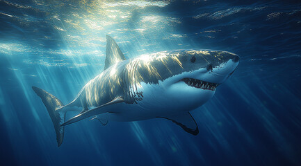 Fototapeta premium large, white shark is swimming underwater, with sunlight shining through the water